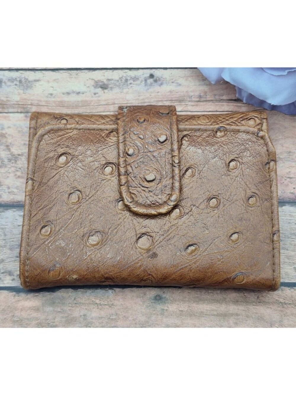 Vintage RGA Ostrich Leather Wallet Brown Womens Trifold Zip Coin Purse